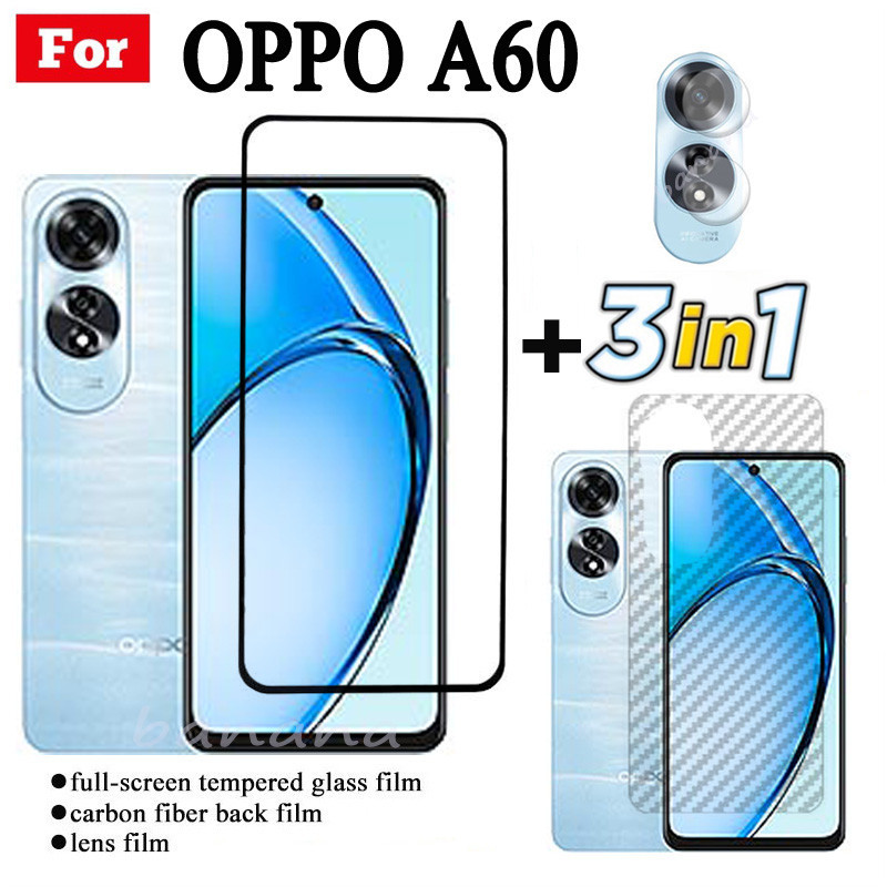 3 IN 1 OPPO A60 ฟิล์มกระจกนิรภัยสําหรับ OPPO A98 A78 A58 A38 A18 A79 5G คลุมทั้งหมดป้องกันหน้าจอกระจก + ฟิล์มเลนส์กล้อง + ฟิล์มด้านหลัง