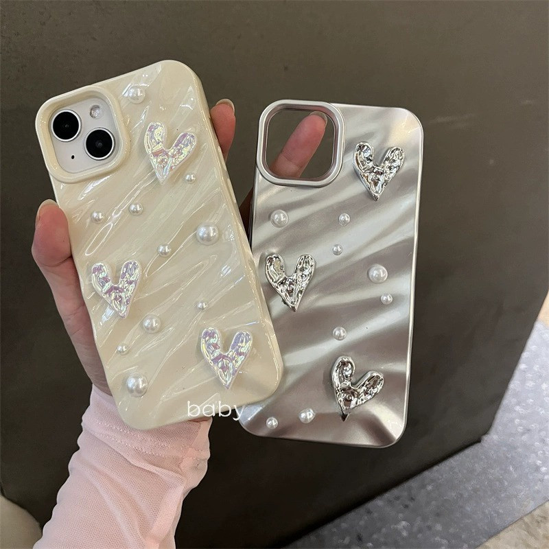 สําหรับ for iphone 16 15 14 13 12 11 Pro Max X Xr Xs Max 7 8 6 6s Plus SE2020 เคสโทรศัพท์Ins Silver Love Heart Pearl DIY Soft Cover