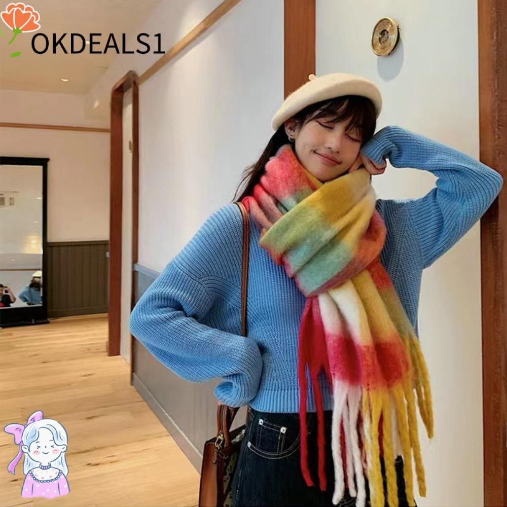 Dealshop ผ้าพันคอ ผ้าแคชเมียร์ แบบหนา ประดับพู่ยาว ลายสก๊อต สีรุ้ง อบอุ่น สไตล์เกาหลี เหมาะกับฤดูหนาว สําหรับผู้หญิง 2023