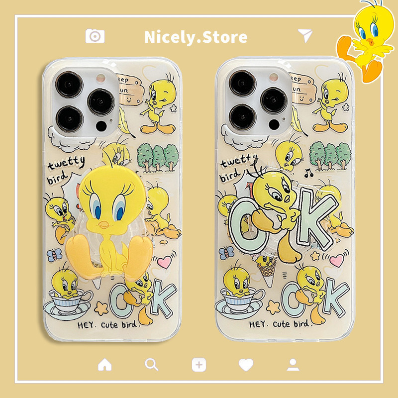 น่ารักtweetyนกkickstandเคสโทรศัพท์สําหรับiphone 15 14 13 12 Pro Max 11 14Promax Anti-scratch Double-Layerพิมพ์IMDป้องกันกรณี