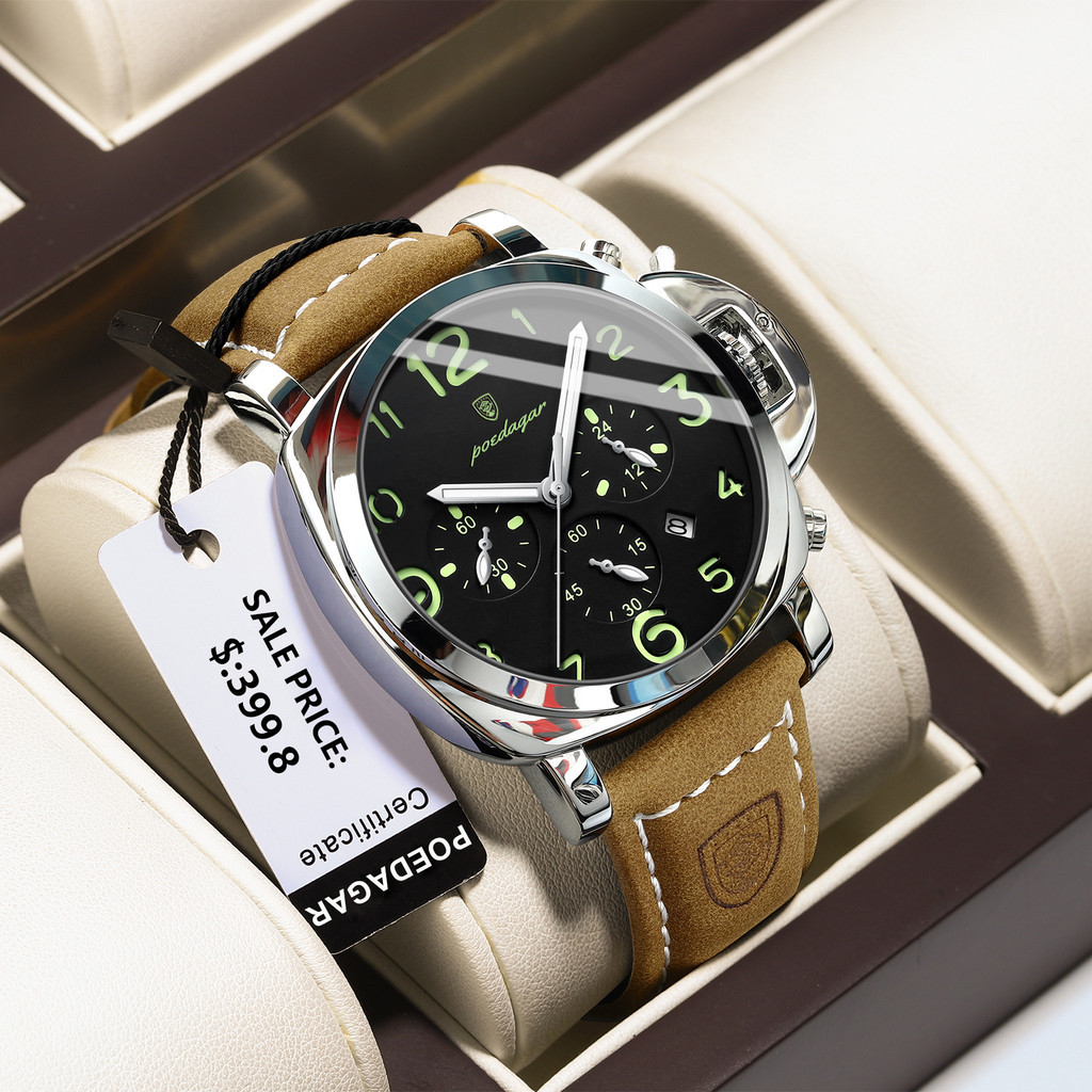 Poedagar หรูหรากีฬานาฬิกาสําหรับ Man กันน ้ ํา Luminous Date Chronograph นาฬิกาผู ้ ชายหนังควอตซ ์ นาฬิกาผู ้ ชายนาฬิกา Reloj +box