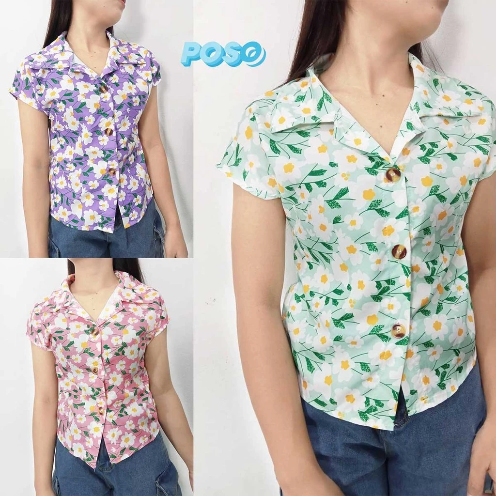 Poso เสื้อผู้หญิงลายดอกไม้ แขนสั้น สไตล์ฤดูร้อน