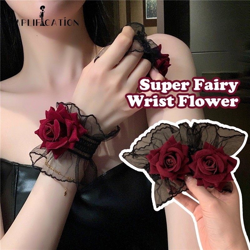 2 ชิ้นแฟชั่นหวานลูกไม้สีแดงกุหลาบสายรัดข้อมือ-ดอกไม้ตาข่ายมือข้อมือดอกไม้-สําหรับผู้หญิงสาวสายรัดข้อมือเครื่องประดับอุปกรณ์