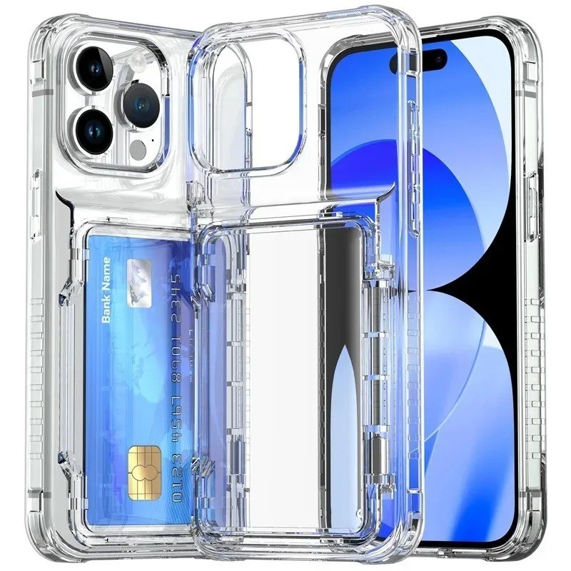 กระเป๋าสตางค์ใสพร้อมที่ใส่บัตรพลิกเคสโทรศัพท์สําหรับiphone 16 15 14 Plus 13 12 11 Pro Max Hard PCโปร่งใสปกหลัง