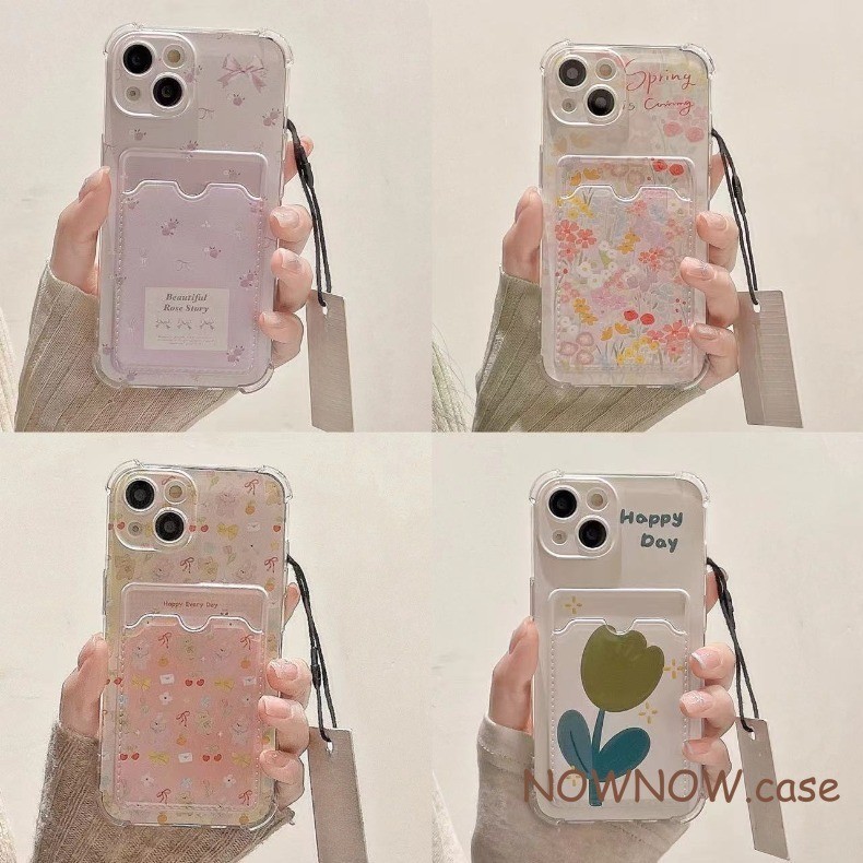 สาวสีชมพูการ์ตูนน่ารักดอกไม้เคสโทรศัพท์สามารถถือกล้องบัตรประจําตัวเปลี่ยนภาพเข้ากันได้สําหรับiPhone 16 15 14 PLUS 13 12 11 Pro Max X XR XS MAX 7 8 Plusปกอ่อน
