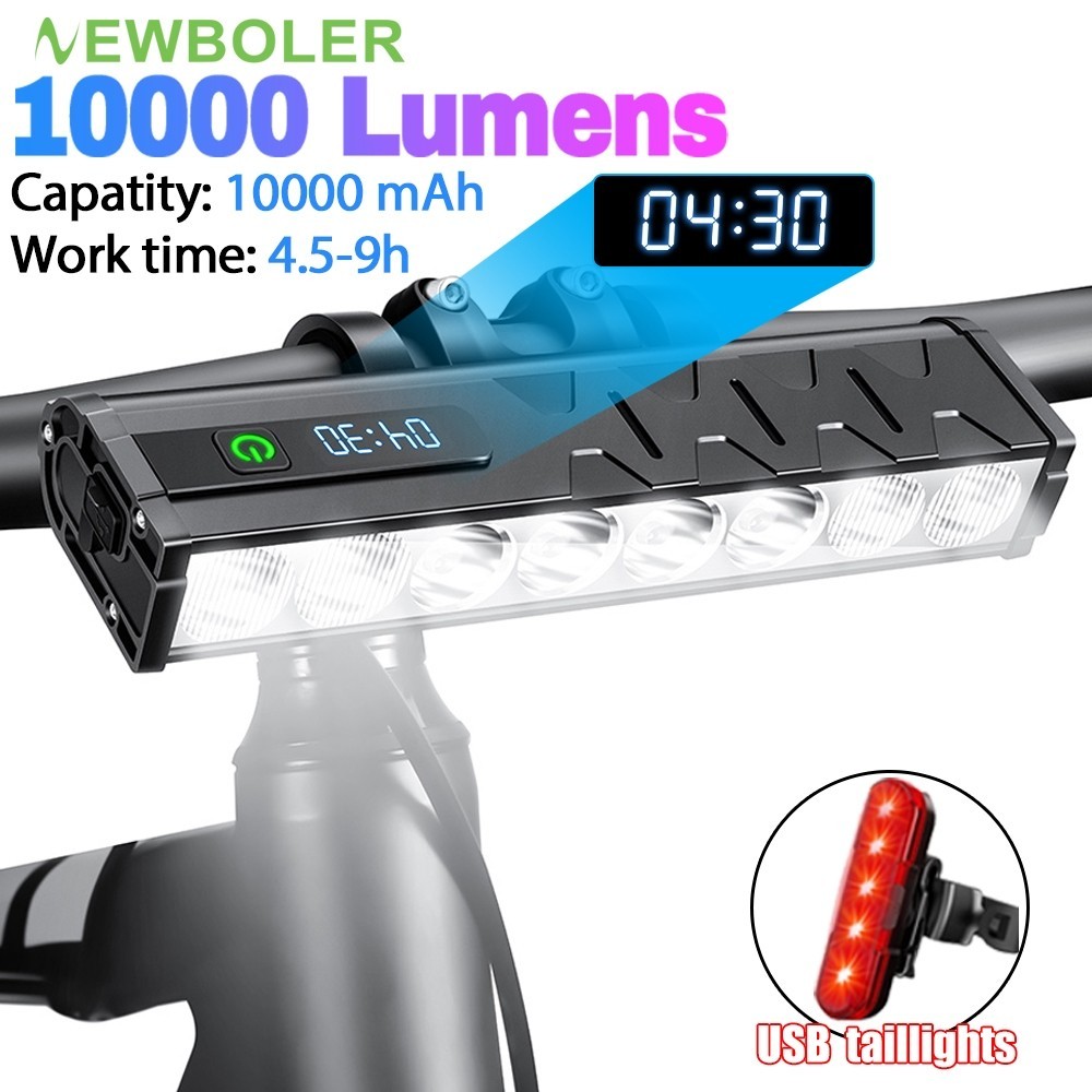 Newboler 10000 Lumens ไฟจักรยาน 10000mAh จอแสดงผลดิจิตอล Type-C ชาร์จไฟหน้าจักรยานเปลือกอลูมิเนียมกันน้ําขี่จักรยานด้านหน้า Night ขี่ไฟเตือน