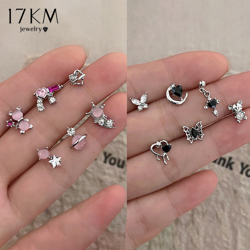 17KM Y2K หัวใจโบว์สตั๊ดต่างหูชุดเพทายมุกเงินต่างหูเครื่องประดับสำหรับสุภาพสตรี
