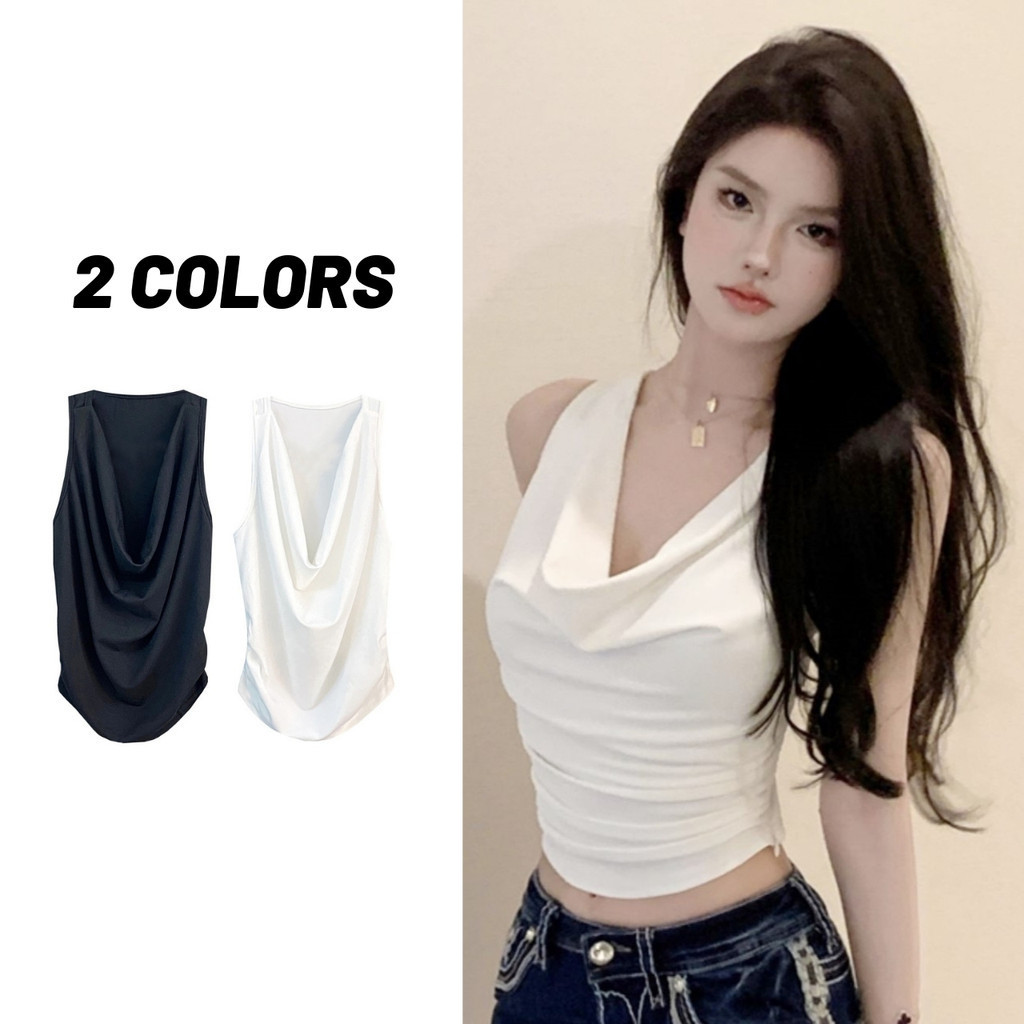 Sale80% เสื้อแขนกุดทรงคอถ่วงลึก ชายโค้งมน สีพื้น 2 สี