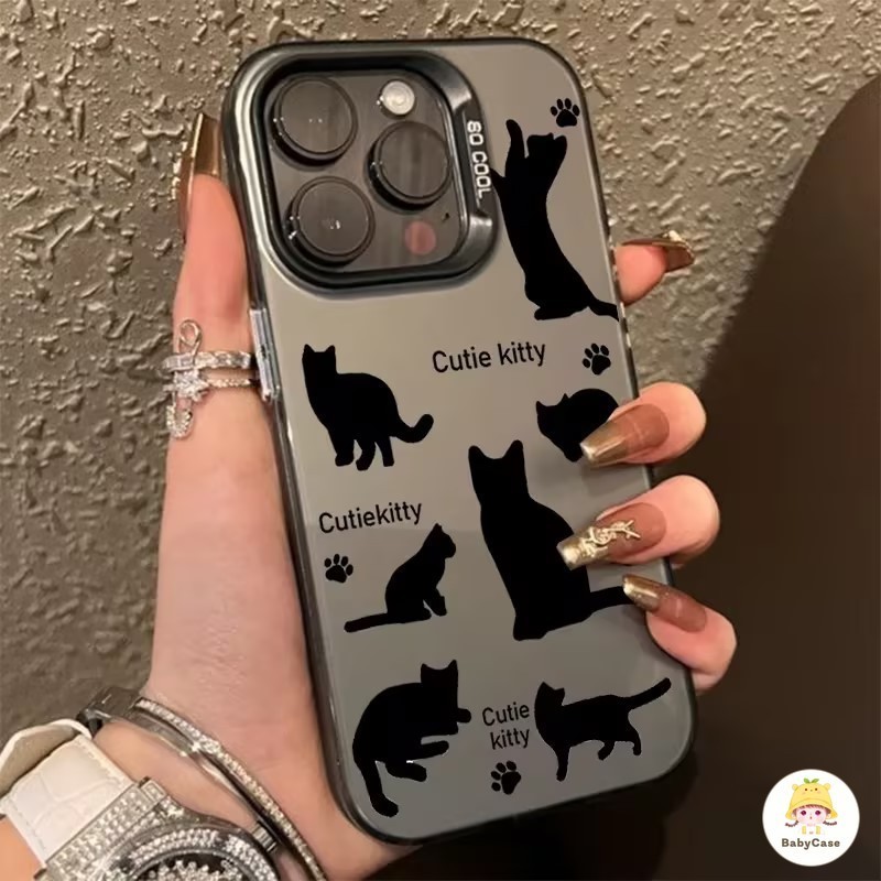 แฟชั่นน่ารักลูกแมวสีดำชุบโลหะเลนส์นุ่มแขน iPhone 13 12 11 15 14 Pro Max 7Plus X XS XR MAX 14 15 6 8 7 Plus SE 2020