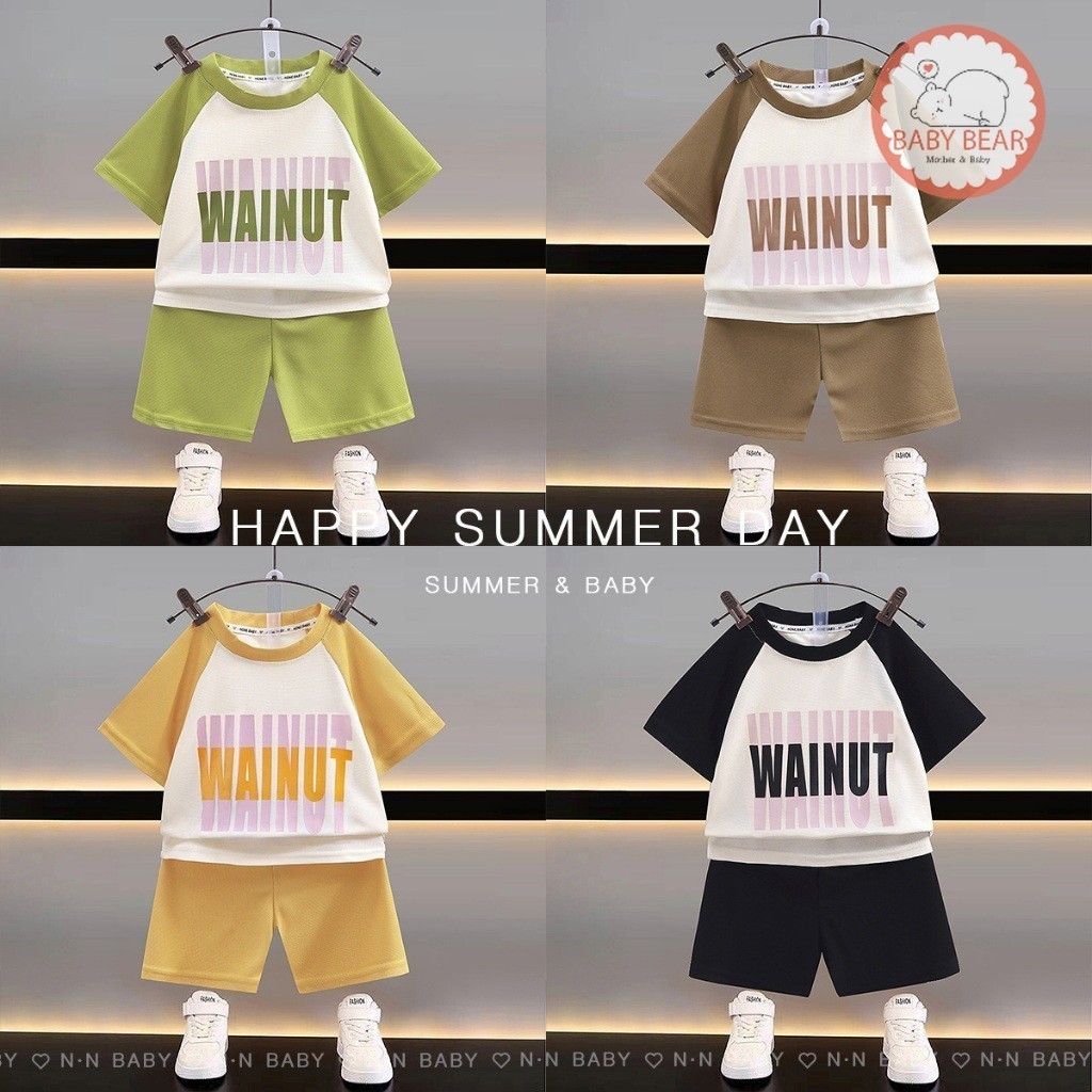 ใหม่ เสื้อผ้าเด็ก ชุดเซทเสื้อคอกลมกับกางเกงขาสั้น ผ้าวาฟเฟิล สกรีน WAINUT