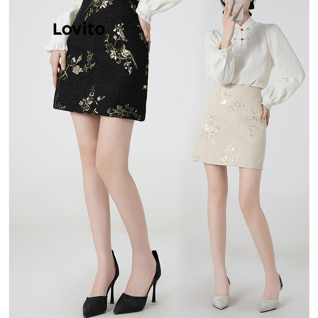 Lovito กระโปรงผู้หญิง มึซิป ลายพืช หรูหรา LNA51244