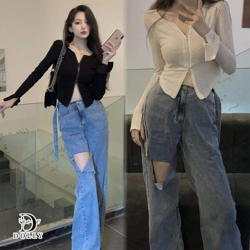 เสื้อครอปแขนยาว แต่งซิปด้านหน้า และเเต่งเขนยาวบานๆ รูดขึ้นลงได้จริง