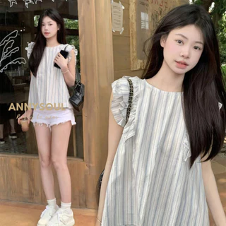 เสื้อแขนกุดแต่งระบาย ลายทาง คอกลม สไตล์มินิมอล