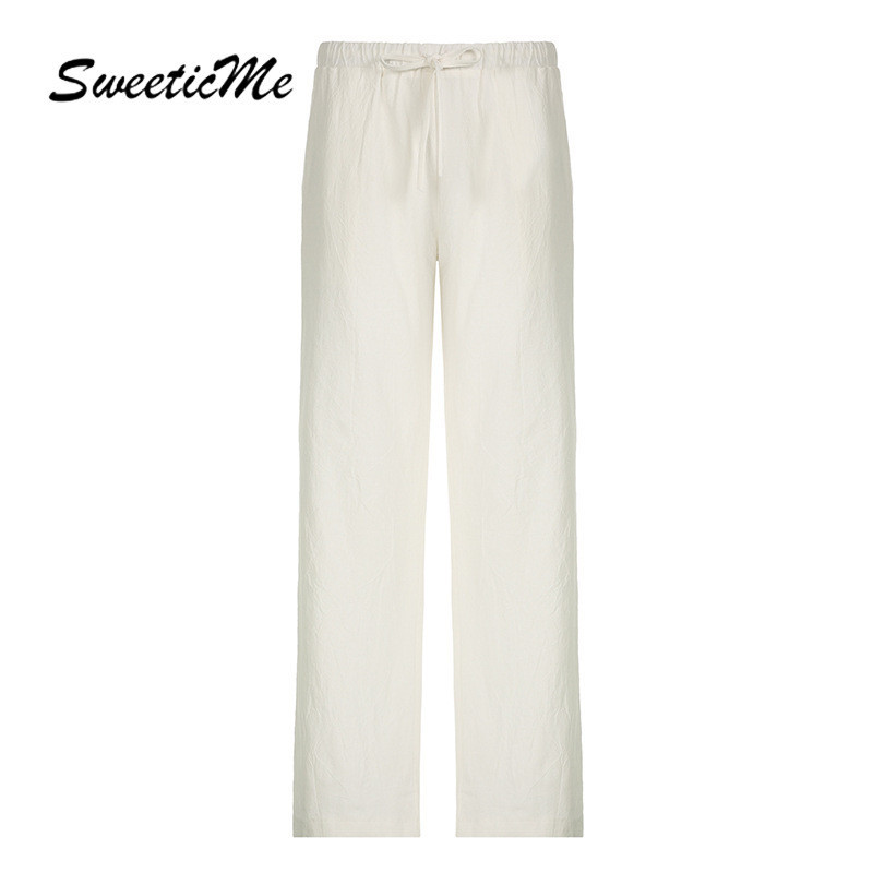 Sweeticme ผู ้ หญิง 2024 ใหม ่ แฟชั ่ น Drawstring ตรงสีทึบต ่ ําเอวสาเหตุกางเกง