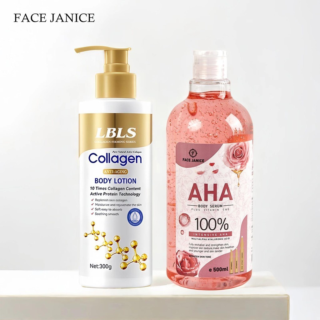 AHA FACE JANICE  Body serum สาระสำคัญของดอกกุหลาบ 100% 500ml + โลชั่นคอลลาเจนทองคำ LBLS 300ml