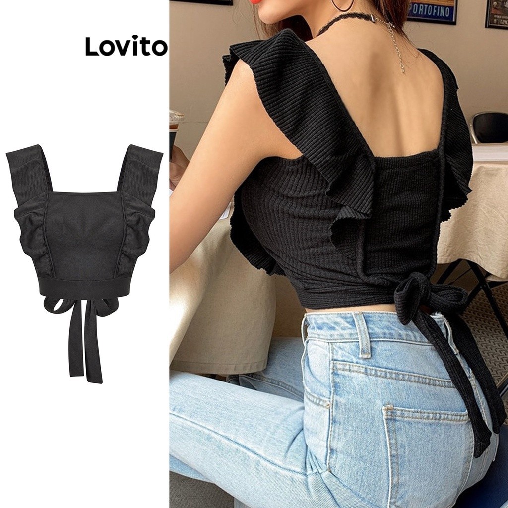 Lovito เสื้อแขนกุดผู้หญิง ผูกโบว์ด้านหลัง ขอบหยัก สีพื้น สไตล์ลำลอง L74ED261