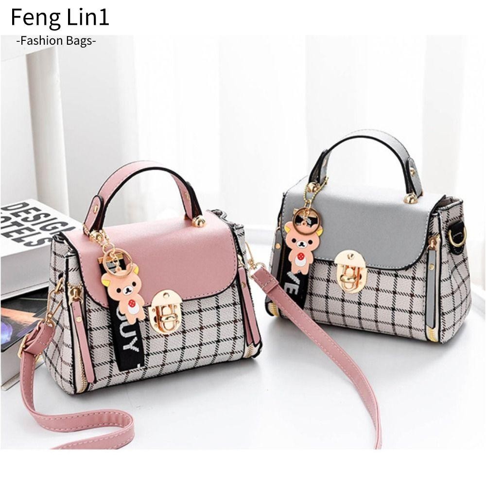 กระเป๋าสะพายไหล่ FENGLING กระเป๋าสะพายข้างหนัง PU Flap กระเป๋าถือหัวเข็มขัดลายสก๊อตทนทานผู้หญิง