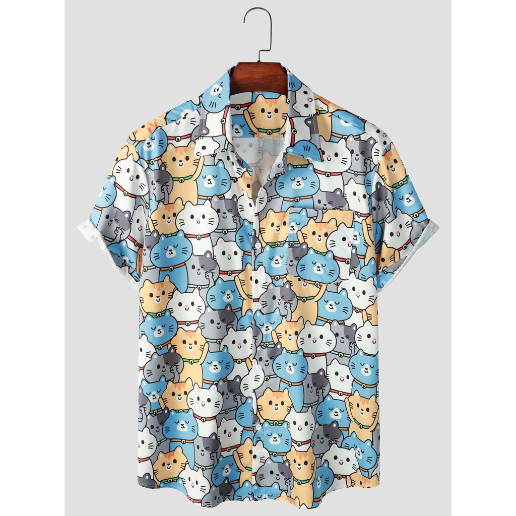 เสื้อเชิ้ตแขนสั้นลําลองสําหรับบุรุษพิมพ์ลายแมวน่ารักเสื้อเชิ้ตผู้ชายสําหรับวันหยุดฤดูร้อนรีสอร์ทท็อปส์สําหรับผู้ชาย