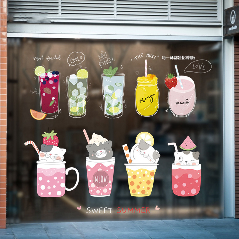 ฤดูร้อนเครื่องดื่มเย็นผลไม้ร้านน้ําชาสติกเกอร์เครื่องดื่มสร้างสรรค์นมชาร้านกาแฟประตูกระจกสติกเกอร์ตกแต่งหน้าต่าง