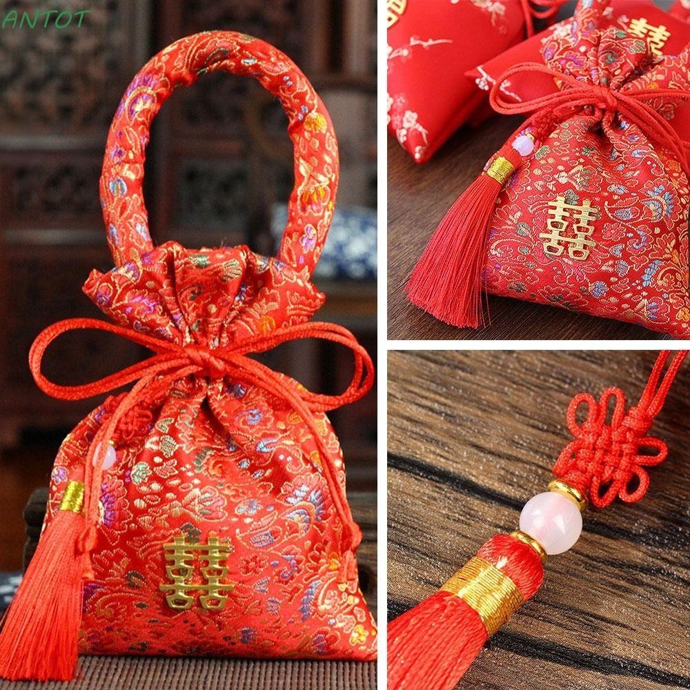Antot Silk Fu Bag, Lucky กระเป ๋ าผ ้ า Drawstring Candy Bag, 2024 ปีจีน Knot สีแดงสีแดง Candy Bag Party Supplies