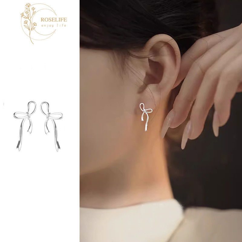Roselife S925 เงินริบบิ ้ นโบว ์ สตั ๊ ดต ่ างหูผู ้ หญิงสวมใส ่ ทุกวันเลือกฟรีหูเครื ่ องประดับอุปกรณ ์ เสริม