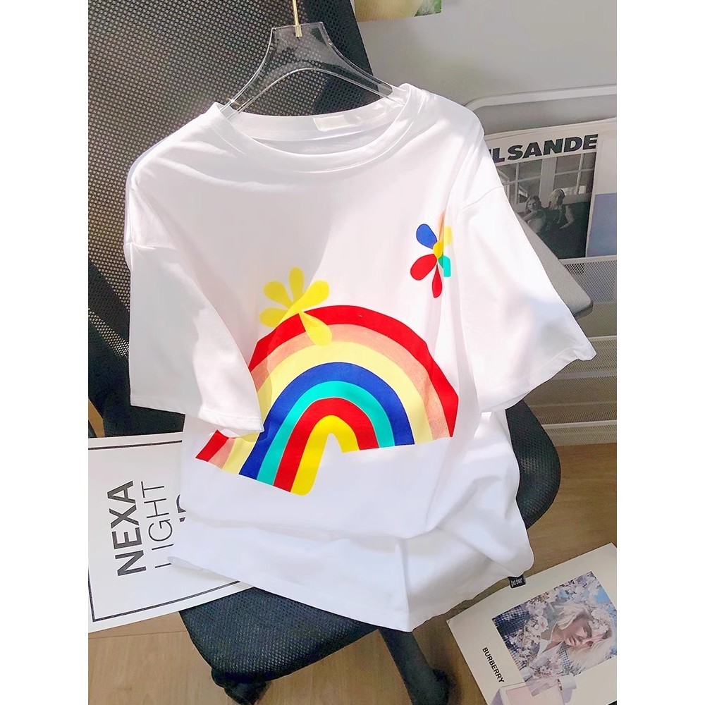 (พร้อมส่งกรุงเทพถึงภายใน 2 วัน) เสื้อยืดยอดนิยมสไตล์ญี่ปุ่นและเกาหลีสายรุ้งลำลองแขนสั้นผู้หญิงผ้าฝ้ายบริสุทธิ์สบาย