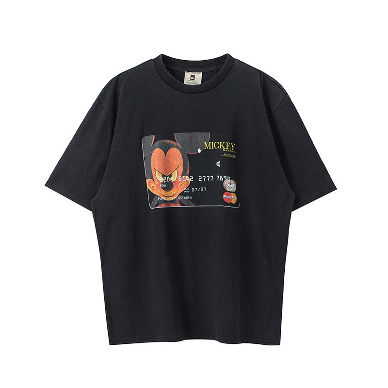ใหม่สบาย High Street Casual หลวม Mickey MasterCard บัตรเครดิตการ์ตูน Vintage Distressed แขนสั้น SRTI