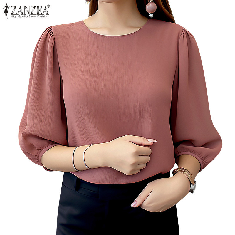 Zanzea เสื ้ อเบลาส ์ สีทึบลําลองคอกลมครึ ่ งแขนสําหรับผู ้ หญิงวินเทจทุกวัน