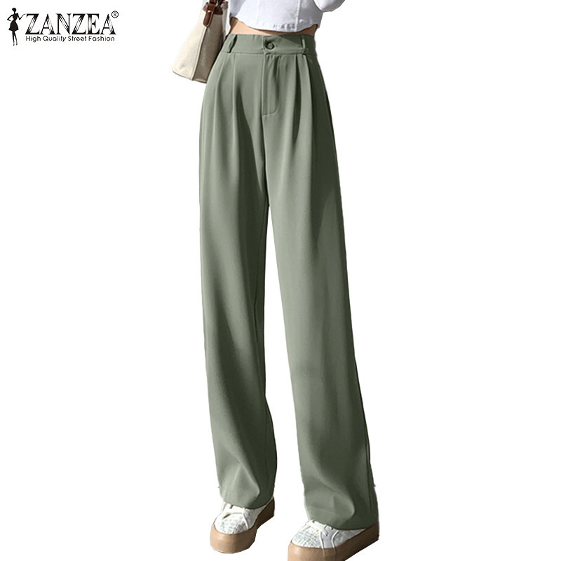 ZANZEA ใส่ ซานเซีย ผู้หญิงเกาหลีสบายๆสีธรรมดากระเป๋าด้านข้างหลวมซิปจีบกางเกง
