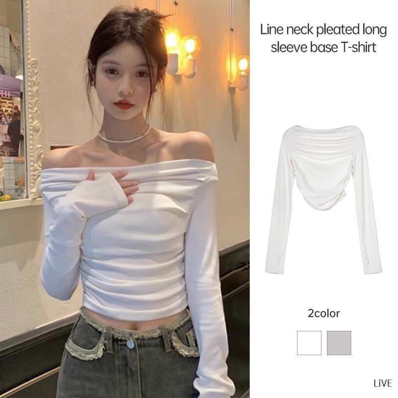 เสื้อยืดแขนยาวย่นผู้หญิงคอเรือเสื้อบอททอมสลิมฟิตติ้งปิดไหล่ LIVE