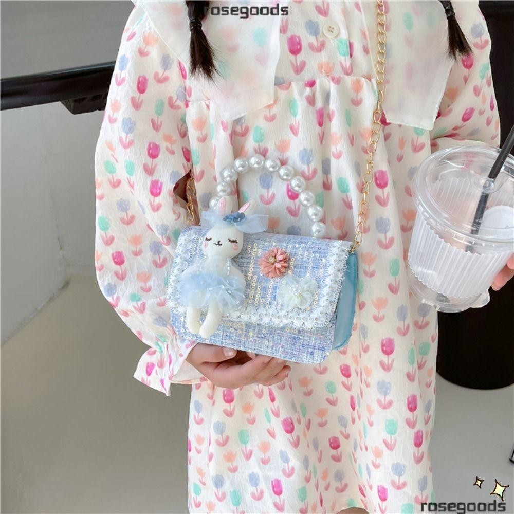 กระเป๋าสะพายขนาดเล็ก ROSE, Flower Pearl Small Satchel, Cute Sequin Princess Handbags Kids Girls