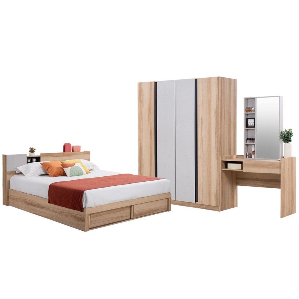 SB Design Square ชุดห้องนอน ขนาด 6 ฟุต รุ่น Mavis ตู้160 สีไม้อ่อน พร้อมที่นอน แบรนด์ KONCEPT FURNITURE