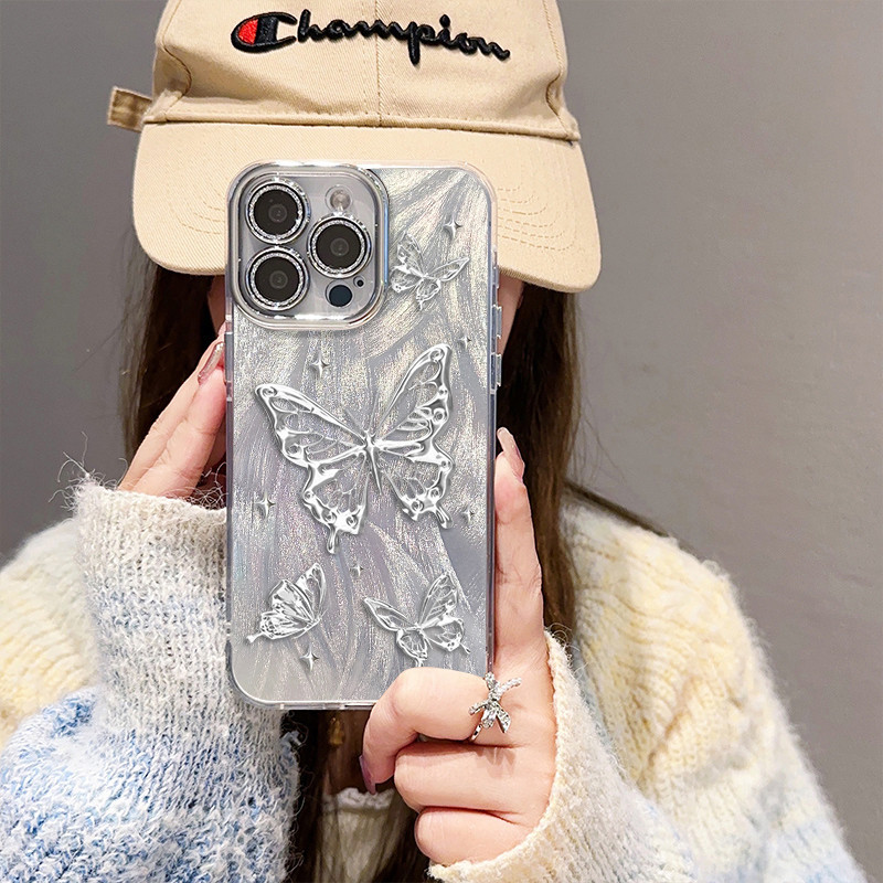 เคสไอโฟน16 15 14 13 12 11 Pro Max Case Fantasy Silver Butterfly Laser Compatible เคส iPhone 16PM,16Plus,X/XS, XR,7+,8Plus