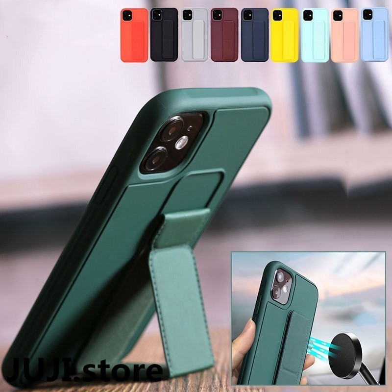 Juji สําหรับ iPhone 11 12 13 14 15 Pro Max XR X XS Max 6 7 8 Plus รถ Mangetic ผู้ถือสายรัดข้อมือแบบพับได้ Anti-Fall ขาตั้ง Kickstand ฝาครอบ T04