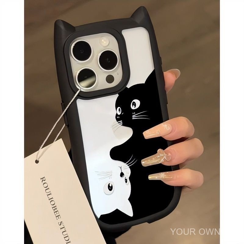 กอดแมวน่ารักเหมาะสําหรับ แอปเปิล 15 เคสโทรศัพท์น่ารัก ไอโฟน14/13มือโปร หูแมวสามมิติ 12/11 ชุด