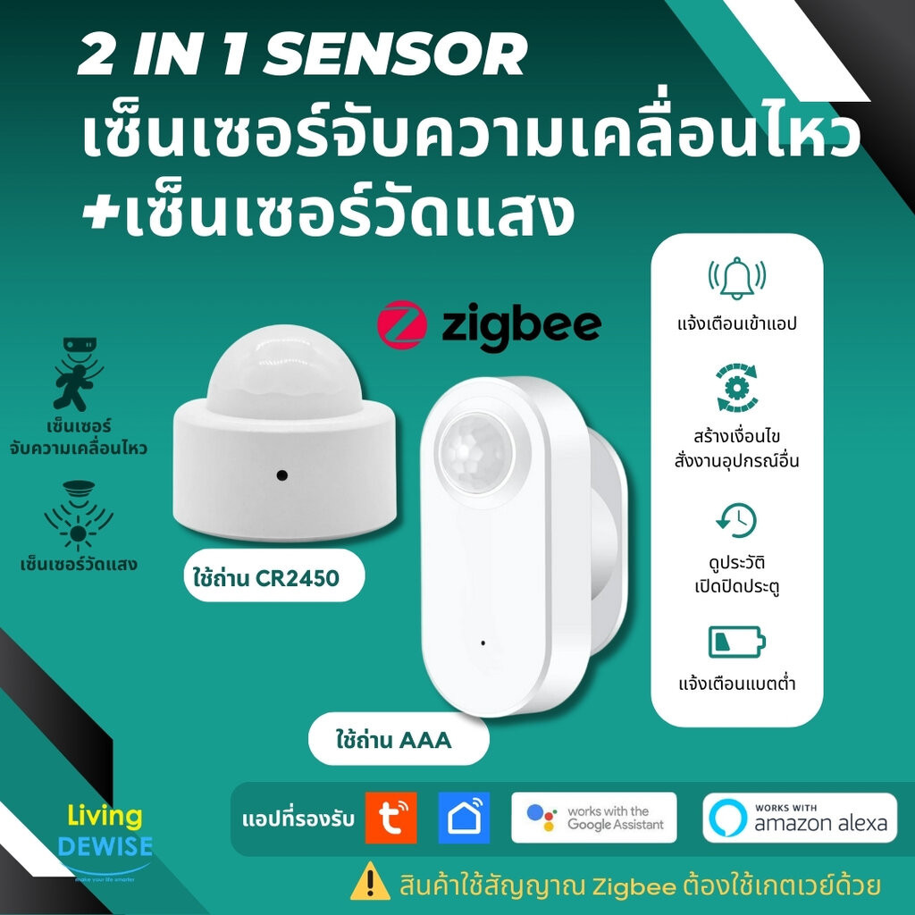 Tuya 2 in 1 เซ็นเซอร์จับความเคลื่อนไหวและเซ็นเซอร์วัดแสง Zigbee แจ้งเตือนเข้าแอปและสร้างเงื่อนไขอัตโนมัติ