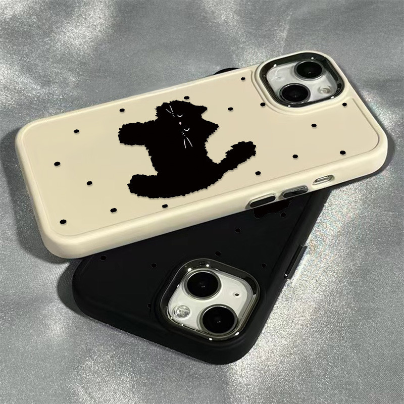 การ์ตูน Polka Dot Black Cat เคสโทรศัพท์สําหรับ IPhone 11 12 13 14 15 Plus Xr X XsMax 11pro 13pro 14pro 7/8 Plus Se2020 แฟชั่นขนาดใหญ่ขอบนุ่มเคสโทรศัพท์