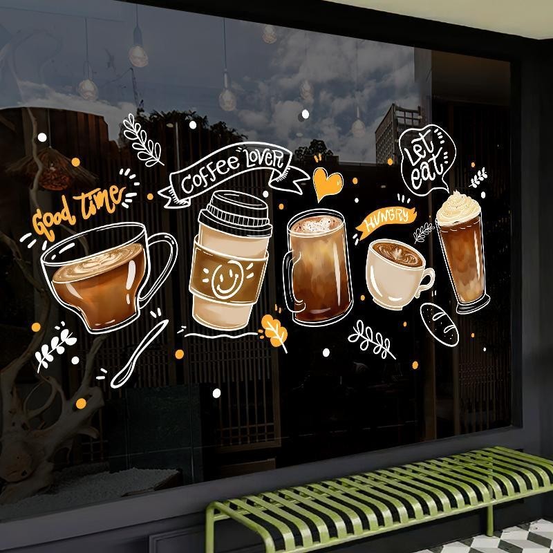 Cafe Cafe Cafe Cafe สติกเกอร์หน้าต่างกระจกเหมาะสําหรับตกแต่งนมชา Shop สติ๊กเกอร์ติดผนัง pvc ประตูสติกเกอร์