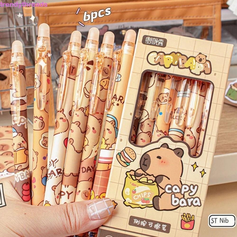 Trendythreads 6PCS Capybara Erasable Pen, Kawaii การ์ตูนน่ารักเขียนปากกา, Creative Aesthetic Blue Ink 0.5 มม.ปากกาเจลโรงเรียน