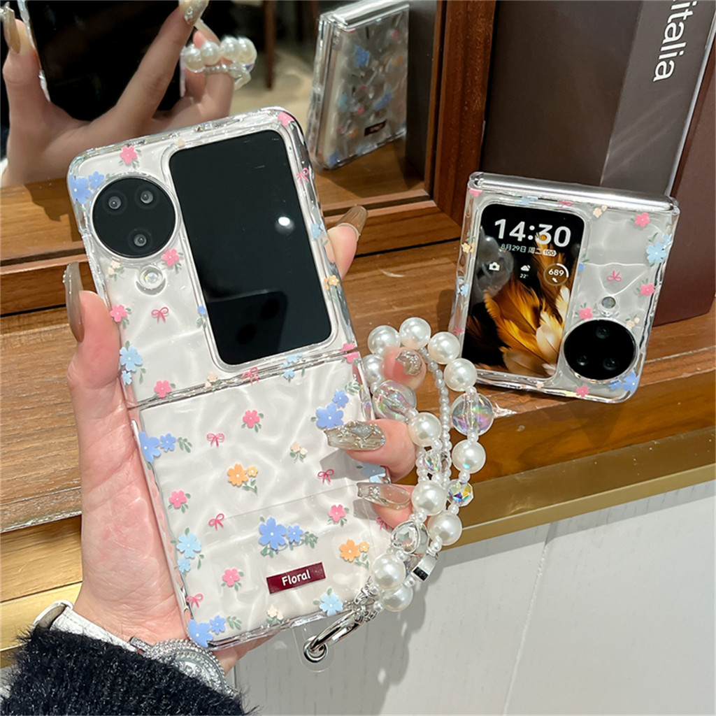 น่ารักระลอกน้ําดอกไม้โปร่งใสเคสโทรศัพท์พร้อมสร้อยข้อมือมุกสําหรับ OPPO ค้นหา N3 Flip N3Flip Findn3Flip กันกระแทกปกหลัง