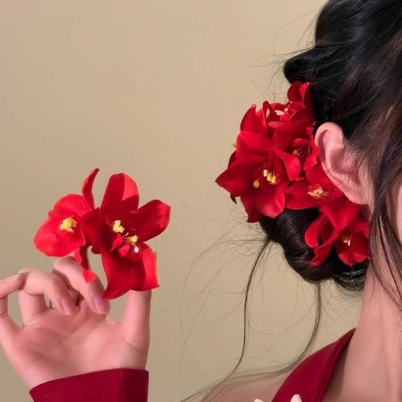 ใหม่สวยสีแดงดอกไม้ประดิษฐ์กิ๊บคลิปด้านเรียบคลิปเครื่องประดับผม