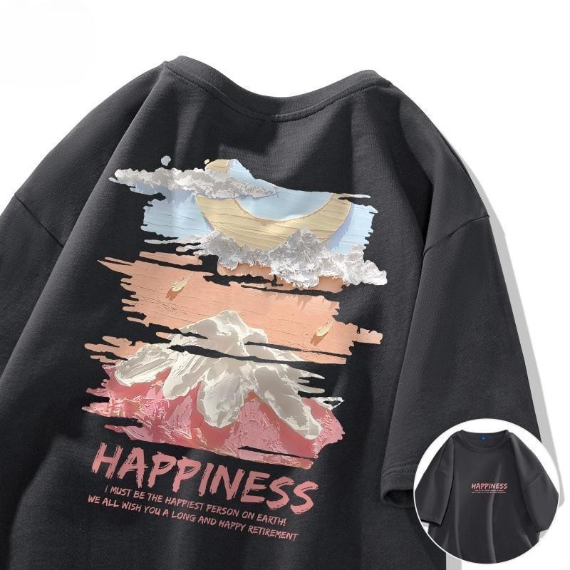 (จัดส่งตลอด 24 ชั่วโมง)เสื้อยืด Oversize เสื้อยืดแฟชั่นสีครีม ลายภูเขาและก้อนเมฆ สไตล์วินเทจ คอตตอน 100%