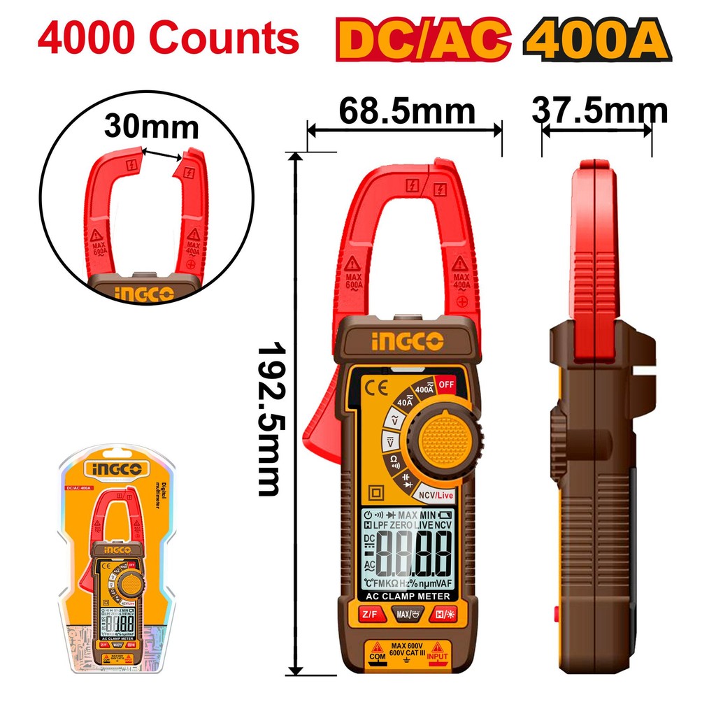INGCO แคลมป์มิเตอร์ AC/DC 400A-1000A รุ่น DCM62001 DCM62002 DCM66002 DCM610002 DCM100015 ดิจิตอลมิเตอร์ วัดไฟ วัดอุณหภูม