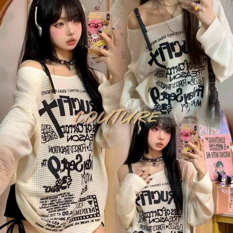 Couture (ส่งจากกรุงเทพฯ)เสื้อยืดแขนยาว ป้องกันแดด เปิดไหล่ ทรงหลวม สไตล์เกาหลี สําหรับผู้หญิง