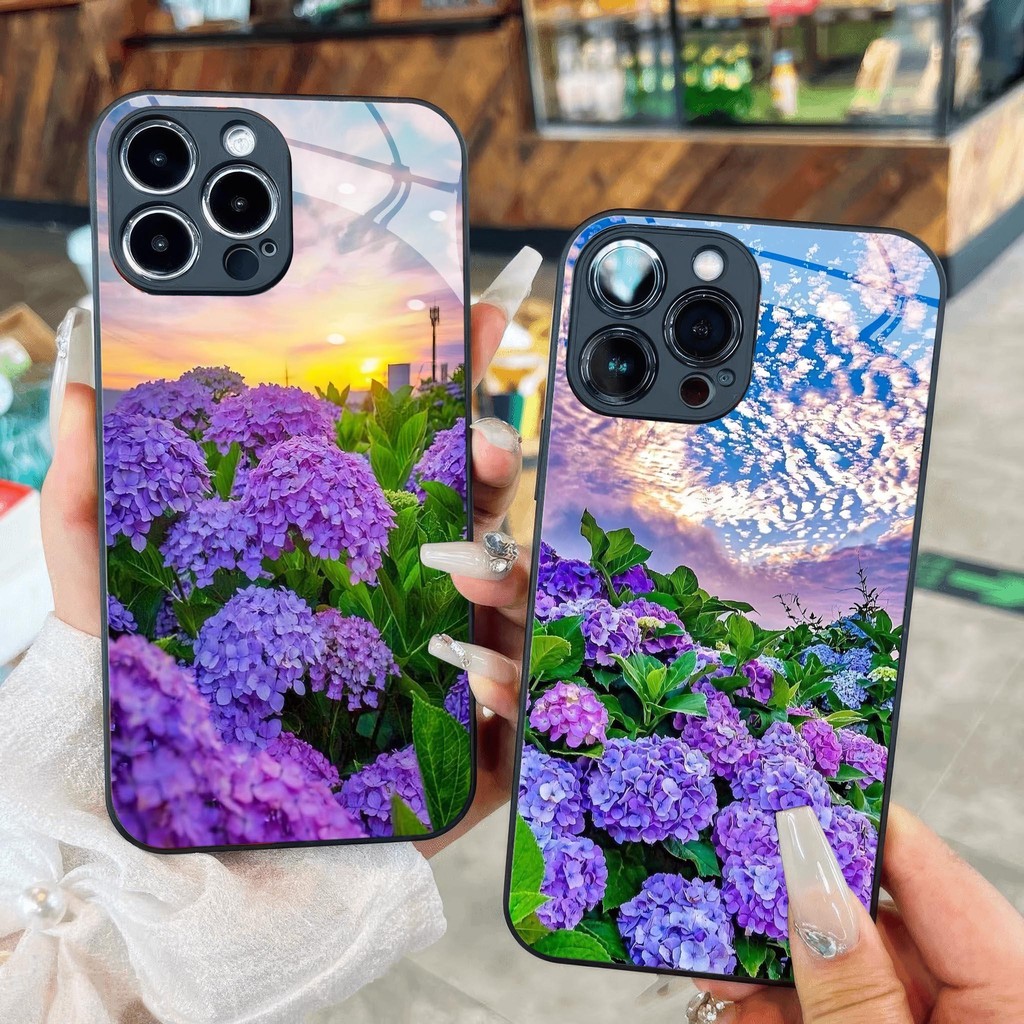 Brilliantly Bloomingไฮเดรนเยียแก้วสําหรับiPhone 16 15 14 13 12 11 8 7 6 6s 6p 7p 8p 6g 7g 8g Pro Max