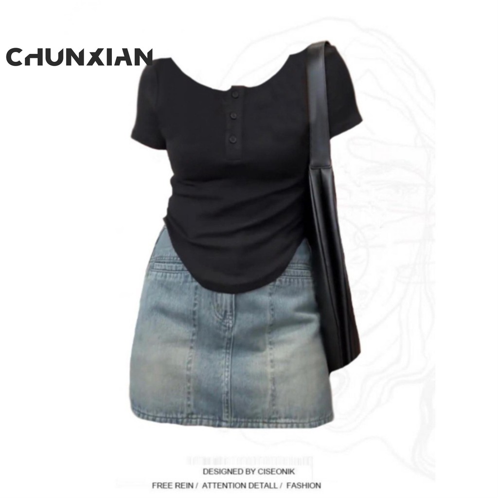 ชุดเซ็ทสาวอวบ ชุดเซ็ทคนอ้วน เสื้อยืดแขนสั้นสีดำแขนสั้นสำหรับสาวอวบไซส์ใหญ่คลุมสะโพกกระโปรงเอวสูงใส่แ