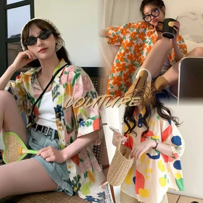 Couture เสื้อเชิ้ตฮาวายผู้หญิง ลายดอกไม้ แขนสั้น