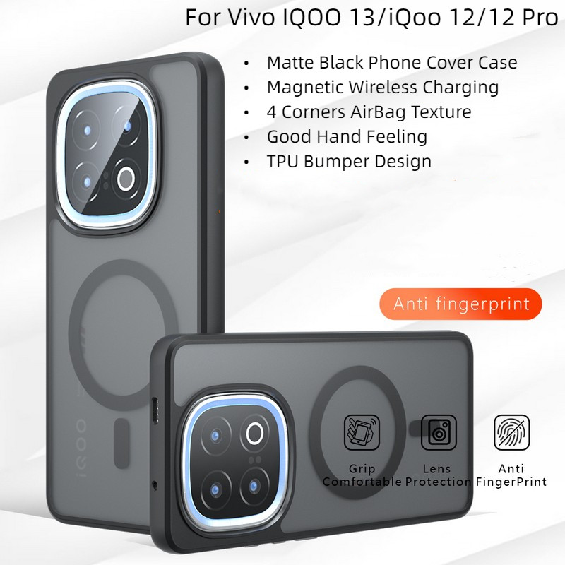 สําหรับvivo IQOO 12 Pro IQOO 13 กรณีสีดําแม่เหล็กไร้สายชาร์จPC Hard AirBagฝาครอบโทรศัพท์ปลอกสําหรับV