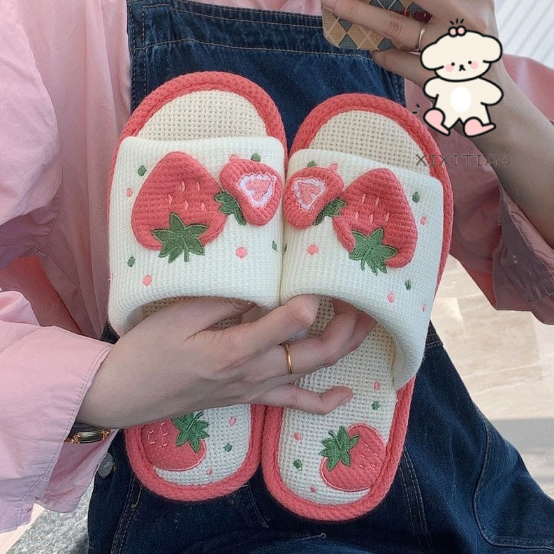 Xixitiao Hemp รองเท ้ าแตะ Four Seasons Sweet Strawberry Soft Sole Home Mute Flat Sole หญิง