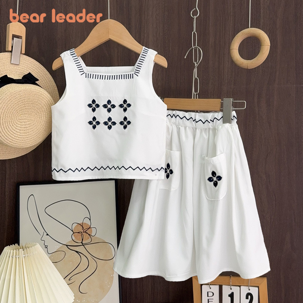 หมีผู้นําเกาหลีรุ่นดอกไม้เย็บปักถักร้อยเสื้อยืดด้านบน + กระโปรงชุดสองชิ้น 3-7 ปีแขนกุดธรรมดาสาวเสื้อผ้า รายา สวมใส่